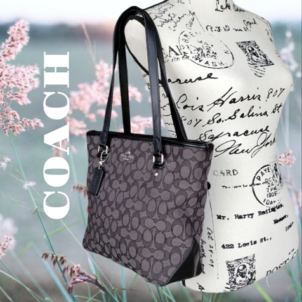 💯 COACH Signature Smoke black Zip Top Shopper Tote